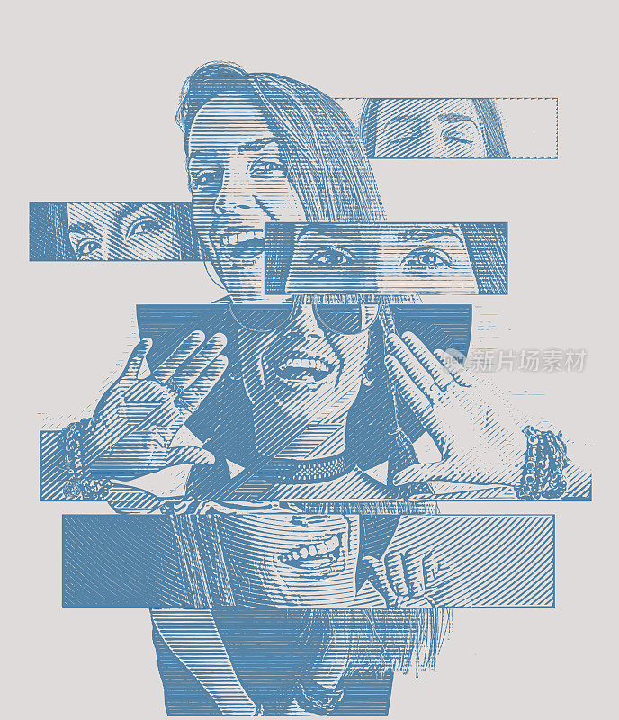 Multiple exposure of a cheerful woman with positive emotions